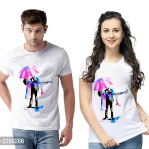 White Cotton Blend Round Neck Printed Couple T-Shirts for Men & Women