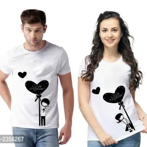 White Cotton Blend Round Neck Printed Couple T-Shirts for Men & Women