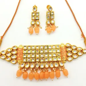 Square Crystal  Kundan Peach Choker Set 