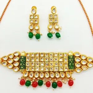 Square Crystal  Kundan Red & Green Choker Set 