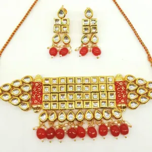 Square Crystal  Kundan Red Choker Set 