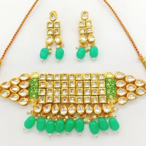 Square Crystal  Kundan Pista Color Choker Set 