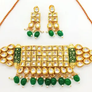 Square Crystal Kundan Green Choker Set