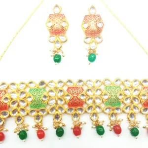 Traditional  Beautiful  Choker Jewellery With Pearl Meenakari Red & Green Choker Set