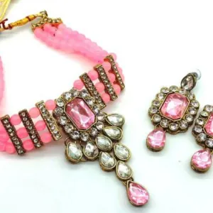 Gold Plated Traditional  Pink Beaded Choker Set 