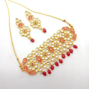 Gold Tone Kundan & Red Color Beads Choker Set 