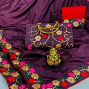 Silk saree with full Embroidery handbag (voilet) 