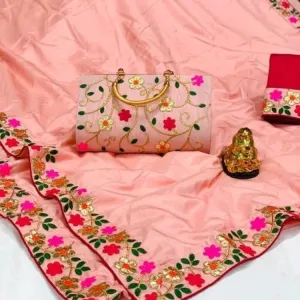 Silk Saree with full Embroidery handbag (pink)