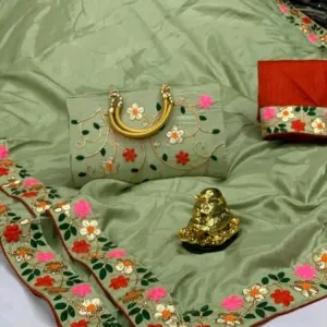 Silk Sarees with full Embroidery handbag (Green) 