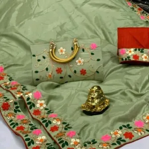 Silk Sarees with full Embroidery handbag (Green)