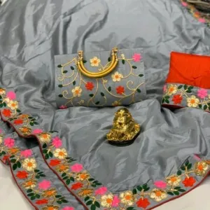 Silk saree with full Embroidery handbag (grey) 