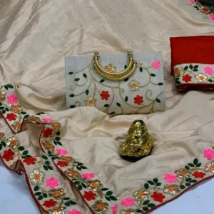 Silk saree with full Embroidery handbag (cream) 