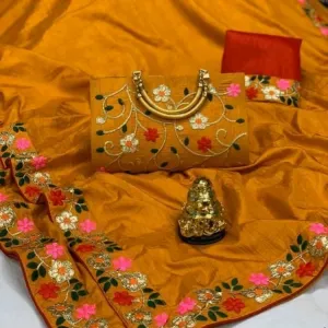 Silk saree with full Embroidery handbag (light orange) 