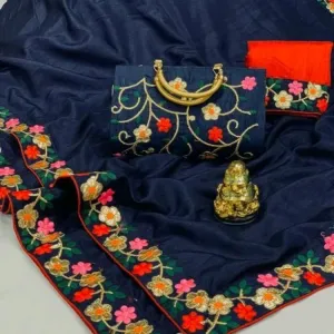 Silk saree with full Embroidery handbag (blue)