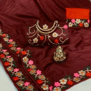 Silk saree with full Embroidery handbag (marron) 