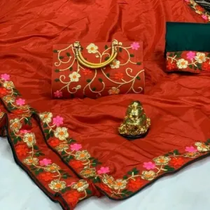 Silk saree with full Embroidery handbag (dark orange) 