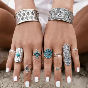Ocean Stones Ring Set | Oxidized Silver (Pack of 9)