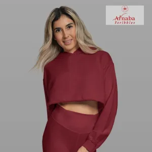 Maroon Solid Crop Top Hoodie