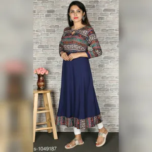 Women's Printed Crepe Anarkali Kurti Blue