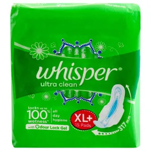 Whisper Ultra Clean Sanitary Napkin with wings XL+ 15 pads 