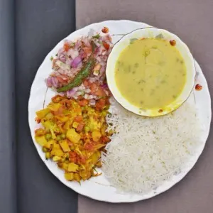 Rice, Moong dal, sabji, salad papad