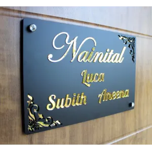 Matte Black Home Name Plate with Golden Acrylic Solid Letters (8 x 12 Inch)