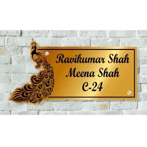 Peacock Customised Home Name Plate (Mirror Gold & Black)