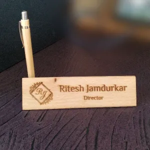 Wooden Personalised Desk Top Name Plate with pen holder & engraved name (2.5x10 inch)
