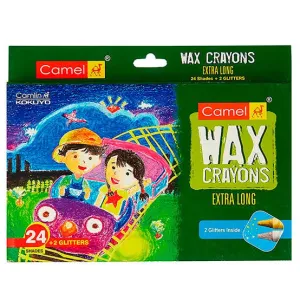 CAMLIN EXTRA LONG WAX CRAYON WITH 2 GLITTER SHADES ( 26  SHADES ) 