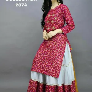 *Bandhej- New Lonching hit Design  Reyon Kurti with Scurt Set*