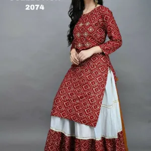 *Bandhej- New Lonching hit Design  Reyon Kurti with Scurt Set*