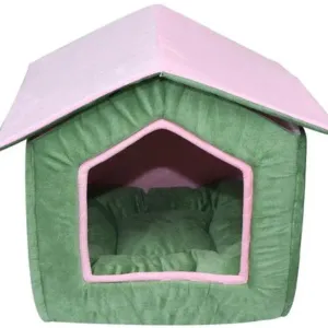 Hiputee Foldable Velvet Fabric Dual Color House/Hut for Dogs & Cats (Small, Green-Pink)