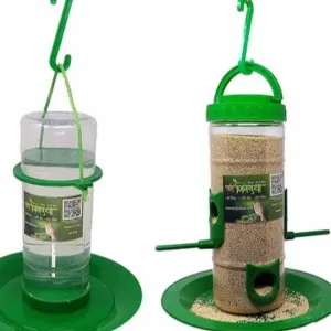 Amijivdaya Medium Bird and Water Feeder Combo (Green, Transparent)