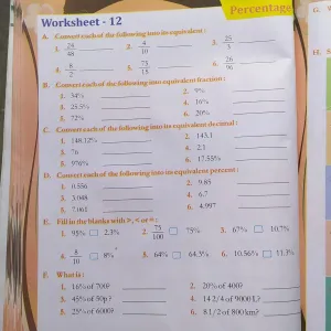 4610 Class 5 worksheet -  mathematics topic - percentage