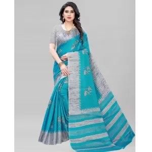 Geometric Print, Striped, Temple Border, Printed Banarasi Cotton Silk Saree  (Blue)