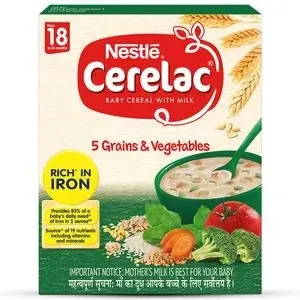 Nestle Cerelac Baby Cereal with Milk - 5 Grains & Vegetables, From 8-24 Months, Rich in Iron, 300 g Bag-In-Box

