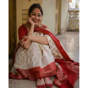 Birch Off-white and Red Zari Woven Kanjivaram Saree With Blouse