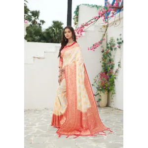 Jasmin White and Red Zari Woven Silk Saree With Red Blouse