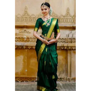 Classy Design Hunter Green Silk Saree With Golden Zari Border