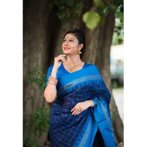 Navy Blue Soft Raw Silk Saree with Checks Blouse