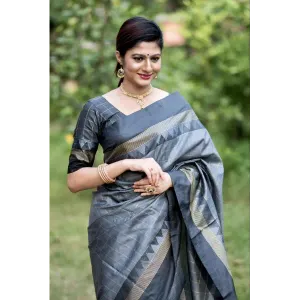 Gray Color Soft Raw Silk Saree with Checks Blouse