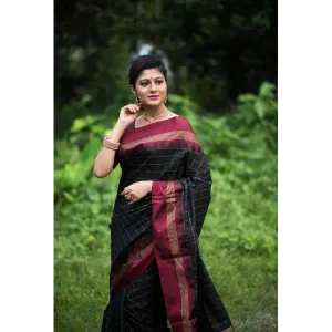 Beauty Black Soft Raw Silk Saree with Checks Blouse