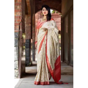 Creamy Off-white and Red Zari Border Silk Saree With Blouse