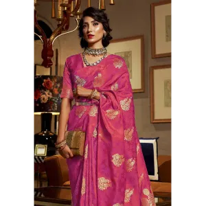 Tongue Pink Zari Butta Linen Silk Saree With Blouse
