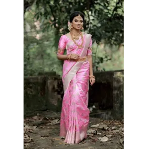 Creamy Pink Golden Zari Designer Banarasi Saree With Blouse