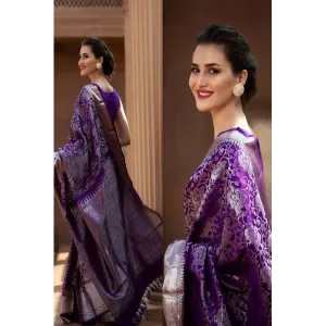 Violet Purple And Silver Zari Woven Kanjivaram Saree With Blouse