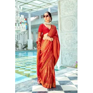 Cherry Red Kanjivaram Saree With Matching Red Blouse