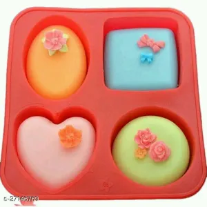 4 Cavgity Silicon Soap Cake Making Mould | 4 Shapes, Circle , Square , Oval And Heart