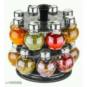 360 Degree Revolving Round Transparent Pack Of 16 Jar Spice Rack/Container (Black)