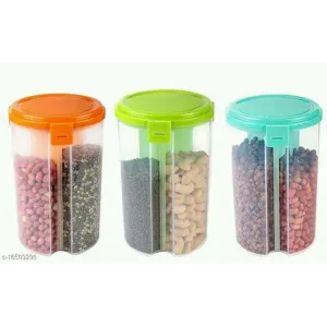 3 Sections Air tight Transparent Grocery, Food, Grain, cereal Dispenser Storage Container Jar -1500ml